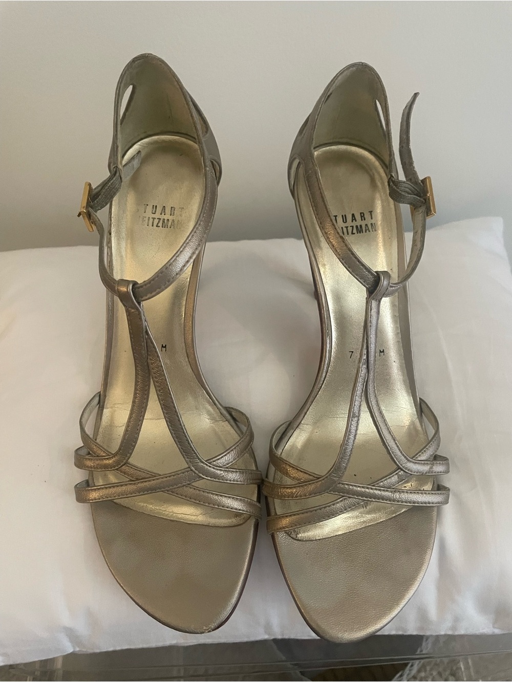 Stuart Weitzman Metallic Bronze Gold T-Strap Heeled Sandals
